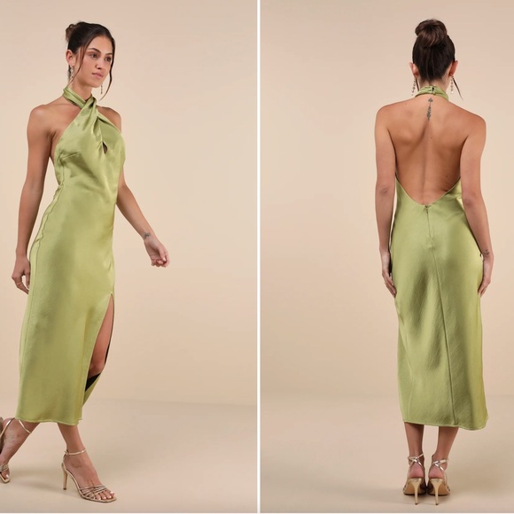 NWT Lulus Beyond Classy Chartreuse Satin Halter Midi Dress Green - Size S - Picture 3 of 4
